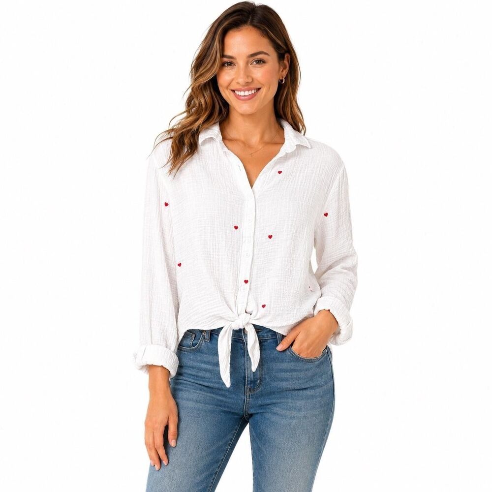 Beachlunchlounge Shirt Womens S White Heart Embroidered Tie Front Top Casual